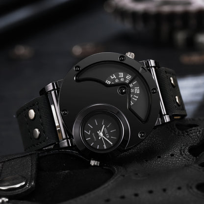 Vintage Men's Watch Big Dial Dual Time Zone PU Leather Strap – Business Quartz Analog Wristwatch for Men, Classic Retro Style Clock Black Blue
