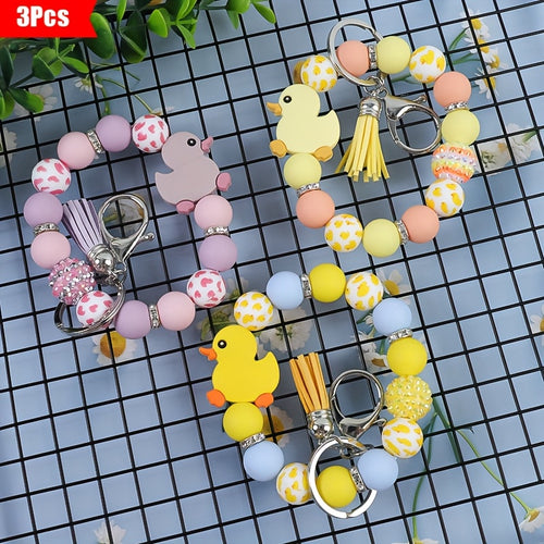 Duck Keychain Set 3 Pack | Cute Cartoon Duck Bead Key Ring, Kawaii Animal Charm Pendant – Fun Holiday Gift for Women, Girls, Kids & Duck Lovers