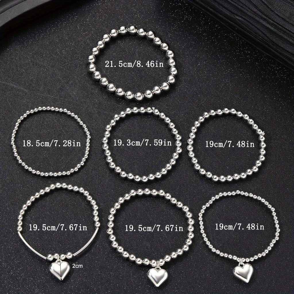 7pcs French Style Beaded Folding Bracelet & Pendant Set for Women - Elegant Layering with Beads, Suitable for Daily Wear, Birthday Gifts, Year-Round