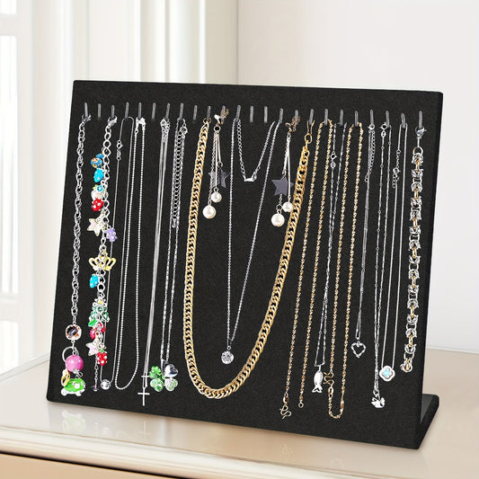 Necklace Display Stand 24 Hook Velvet Jewelry Organizer Rack — L-Shaped Countertop Holder for Necklaces, Bracelets & Earrings | Home & Boutique Storage