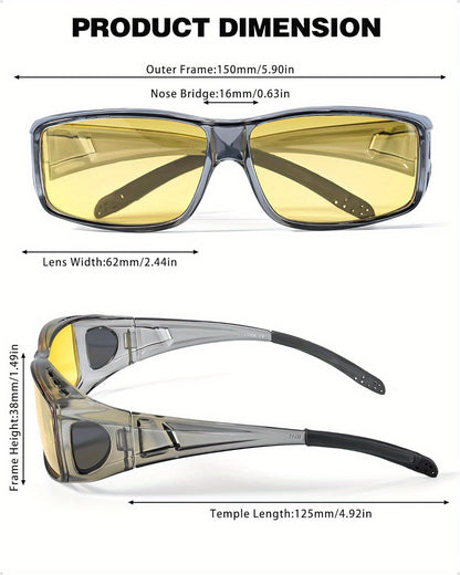 Night Vision Glasses Fit Over Prescription Eyewear – Anti-Glare Yellow Lens Driving Eyewear for Men & Women, HD Nighttime Clarity, Wraparound Overglasses, Grey & Black