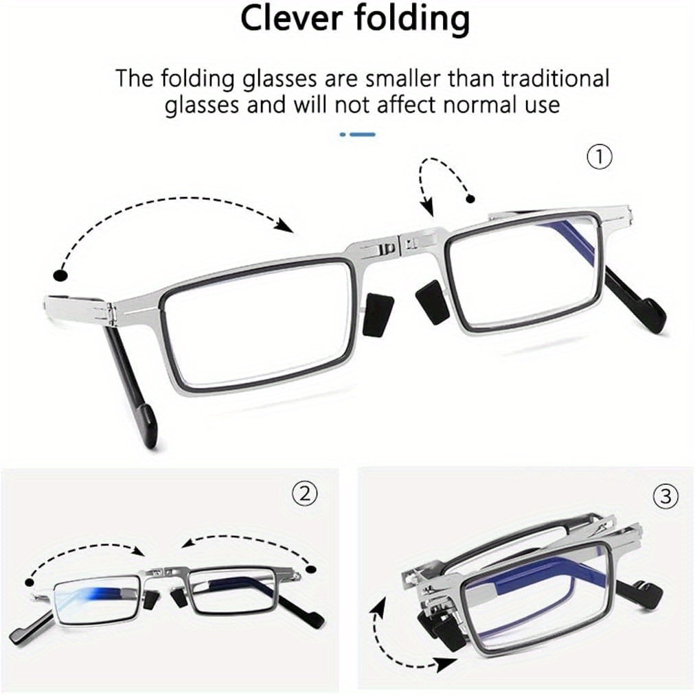 2pcs Portable Folding Blu-ray Shielded Eyewear, Round and Rectangle, Comfortable High Definition Stainless Steel Frame, Lightweight Pocket Eyewear Strap Case, Portable Eyewear | Fashion Frame Design | Stainless Steel Eyewear, Eyewear Case, Travel