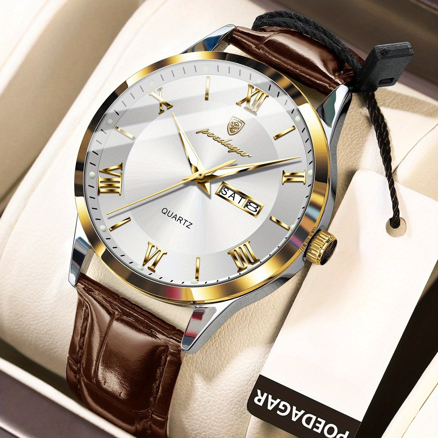 POEDAGAR 978P Men's Watch 3ATM Waterproof Date Display PU Leather Band – Fashion Casual Round Dial Quartz Wristwatch for Men, Multiple Colors