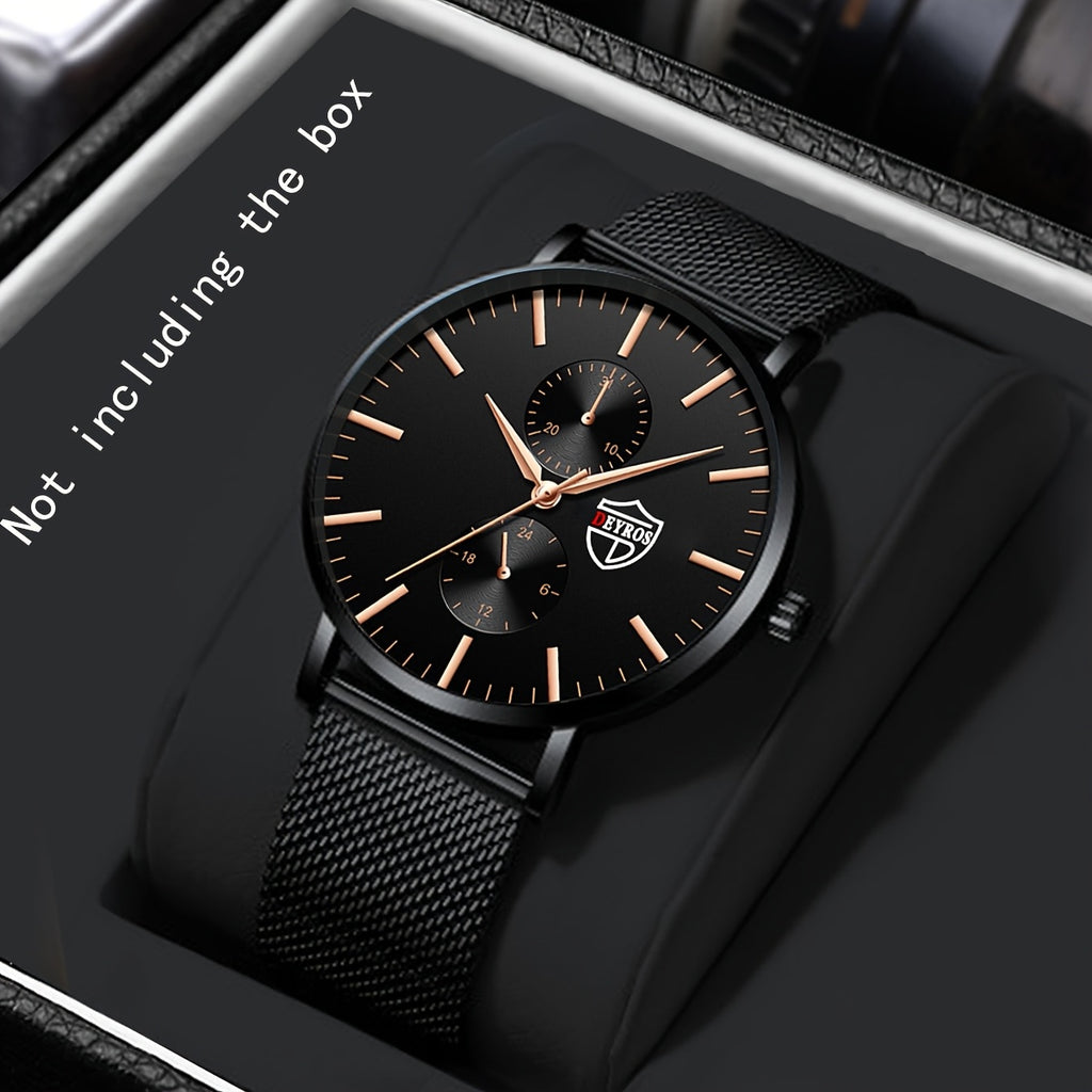 Men's Classic Black Quartz Watch with Stainless Steel Mesh Band, Black Dial & Red Hands, High Quality 1181.1inch, Analog/Digital Display, Date/Day/Stopwatch/Chronograph, Scratch-Resistant Glass, Comfort Fit for Everyday & Formal Wear - Elegant Minimalist