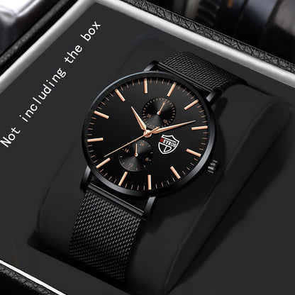 Men's Quartz Watch with Stainless Steel Mesh Band | Chronograph, Date & Day Display, Scratch-Resistant Glass, Minimalist Analog Wristwatch for Everyday & Formal Wear