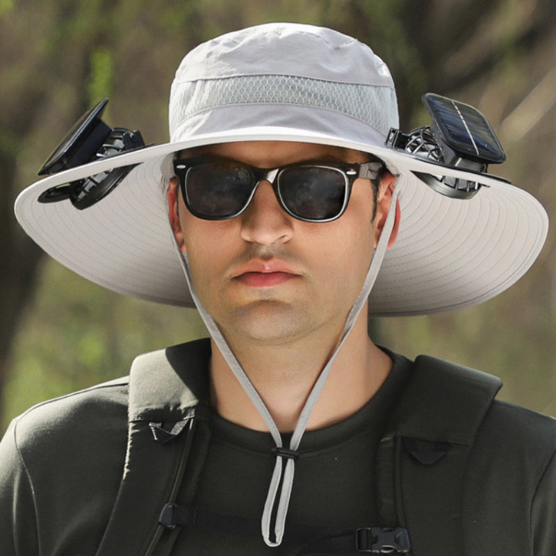[Solar Cooling Hat] Solar Dual Fan Outdoor Cooling Hat, Breathable Wide Brim Fisherman Hat with Adjustable Strap, Strong Airflow, Long Battery Life, for Fishing Camping Hiking Gardening Two Styles: with Fan/ Without Fan