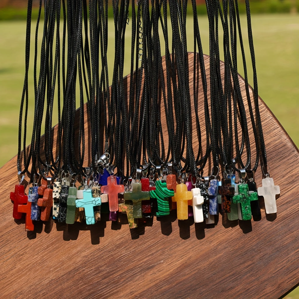 50pcs Natural Stone Cross & Black Necklace Set - 25pcs Colorful Texture Natural Stone Cross Pendant + 25pcs Black Necklace for DIY Jewelry Making, Bracelets, Earrings & Craft, For Teenager