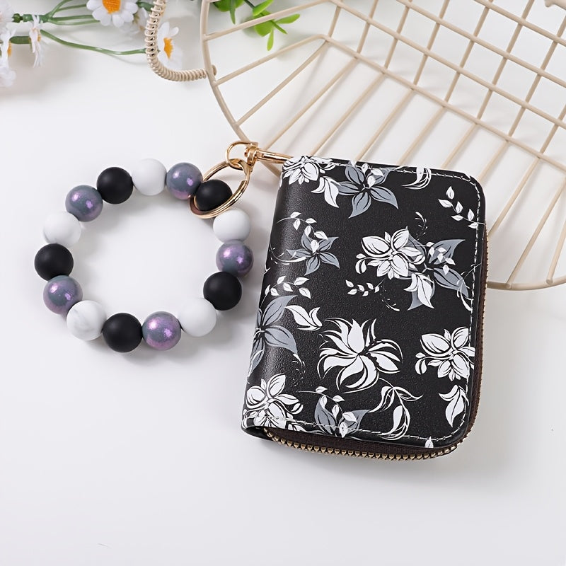 1pc Fashionable And Elegant Bright Bead Bead Wrist Keychain Printed Organ Storage Bag ID Storage Bag Clip Women'S Zero Wallet Keychain Gift For Friends And Mothers