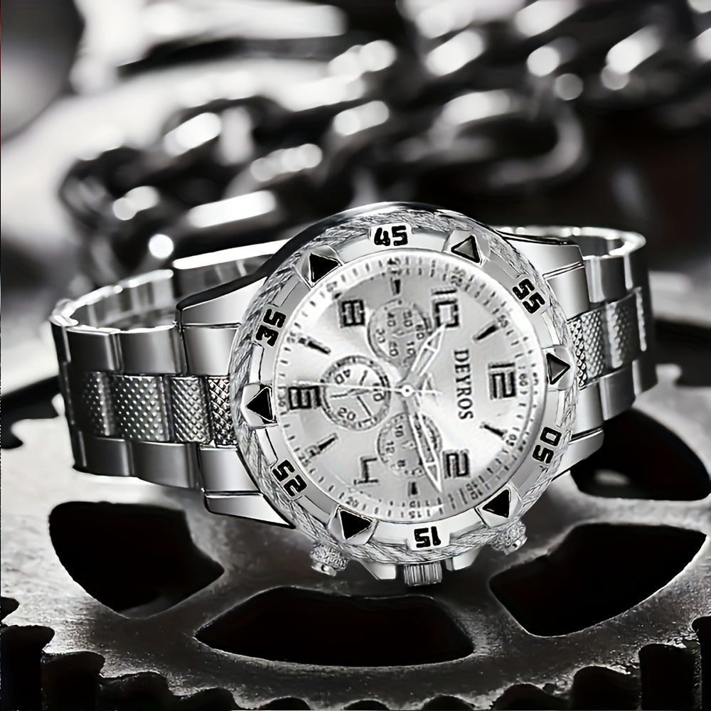 Vintage Stainless Steel Watch Set for Men 2pcs Quartz World Time Round Dial Battery Powered Gift for Boyfriend Halloween Christmas Thanksgiving Valentine