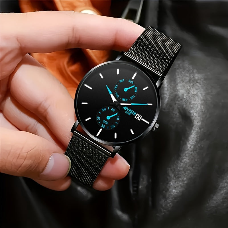 Men's Quartz Watch Stainless Steel Mesh Strap with Gift Box, Modern Slim 14mm Case Fashion Wristwatch with Color Accent Dial, Available in Black Red & Black Blue