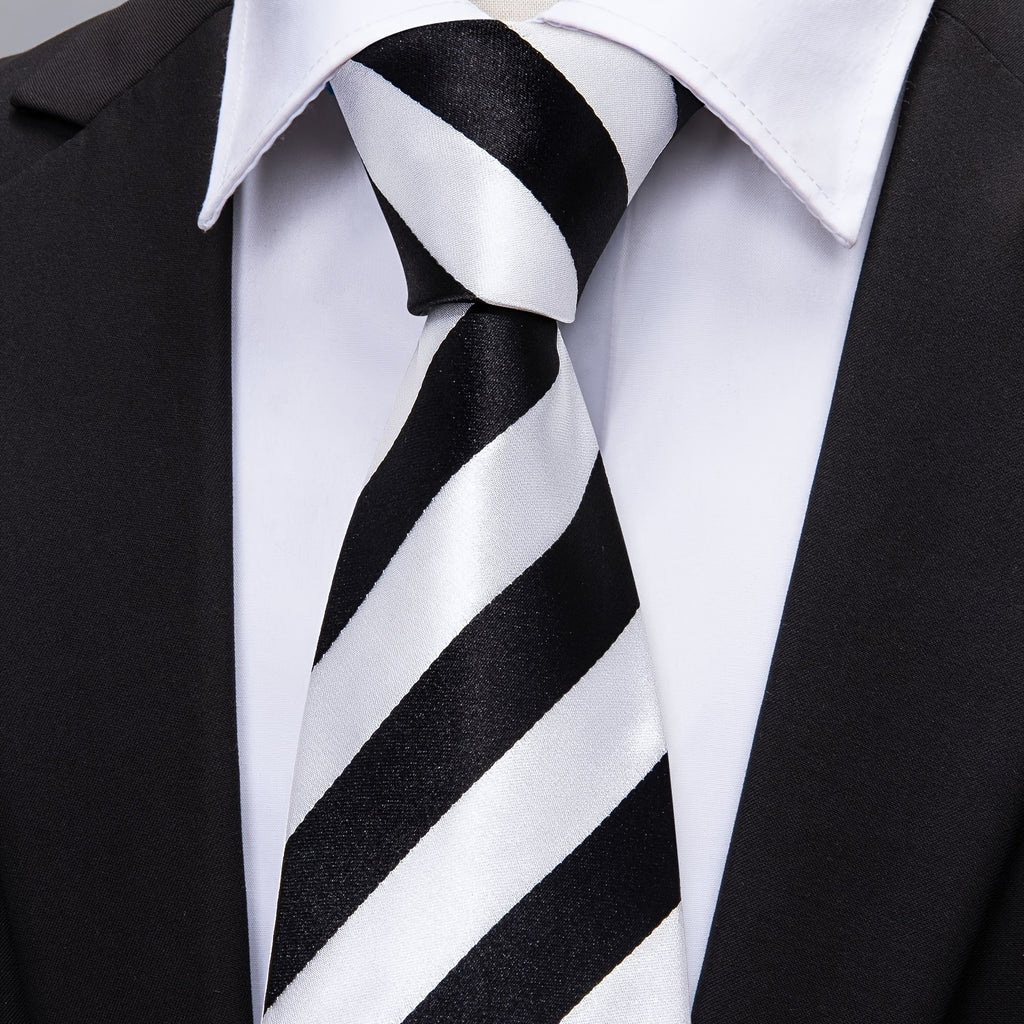 VERVEROW 1set Black White Stripped Mens Classic Tie Necktie Pocket Square Cufflinks Golden Ring Set