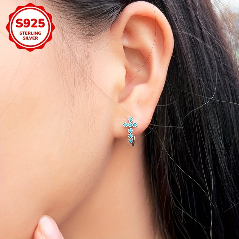 Turquoise Cross Earrings 925 Sterling Silver Blue Synthetic Turquoise Inlay Hypoallergenic Vintage Style Women Ear Accessories