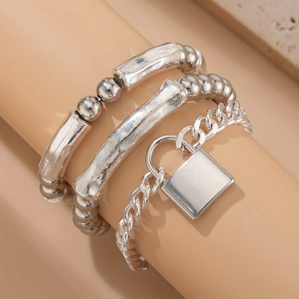 3pcs 925 Silver Exquisite Silvery Beaded Punk Bracelet Set with Lock Pendant
