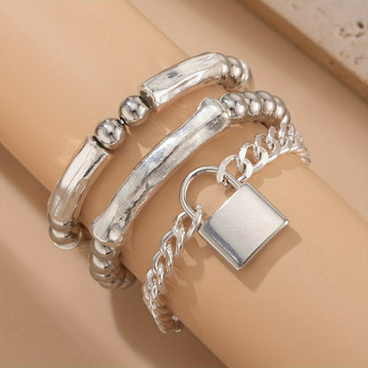 S925 Silver Punk Bracelet Set for Women – 3pcs Beaded Stackable Bangles with Lock Pendant, Edgy Layered Wrist Jewelry for Everyday & Gift