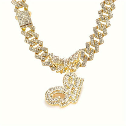 Cuban Link Chain Necklace - Initial Letter for Men Women - with Butterfly Alphabet Pendant A-Z, Gold & - product detail view