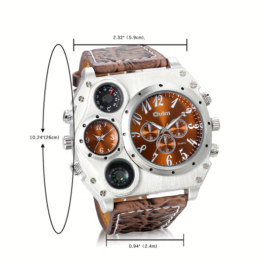 Men's Dual Time Zone Quartz Watch – Large Dial Luminous Faux Leather Wristwatch, Casual Sport Business Style, Cool Gift for Him