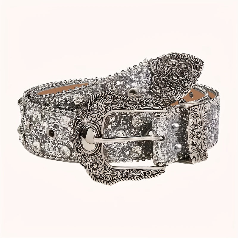 Luxurious Sparkly Sequin Belt | Black Silvery Western Punk Style Rhinestone-Embellished Belt with Rivet Decorations, Exquisitely Carved Silvery Buckle & Adjustable Holes | Daily Fashion Metal Accent for Halloween, Summer, School, Autumn, Halloween
