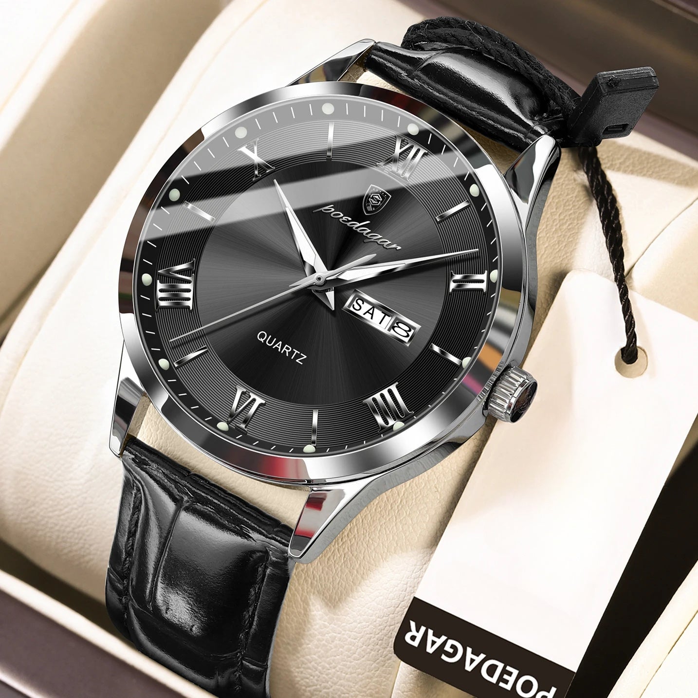 POEDAGAR 978P Men's Watch 3ATM Waterproof Date Display PU Leather Band – Fashion Casual Round Dial Quartz Wristwatch for Men, Multiple Colors