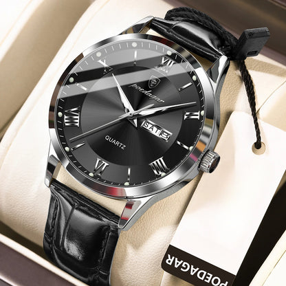 POEDAGAR 978P Men's Watch 3ATM Waterproof Date Display PU Leather Band – Fashion Casual Round Dial Quartz Wristwatch for Men, Multiple Colors