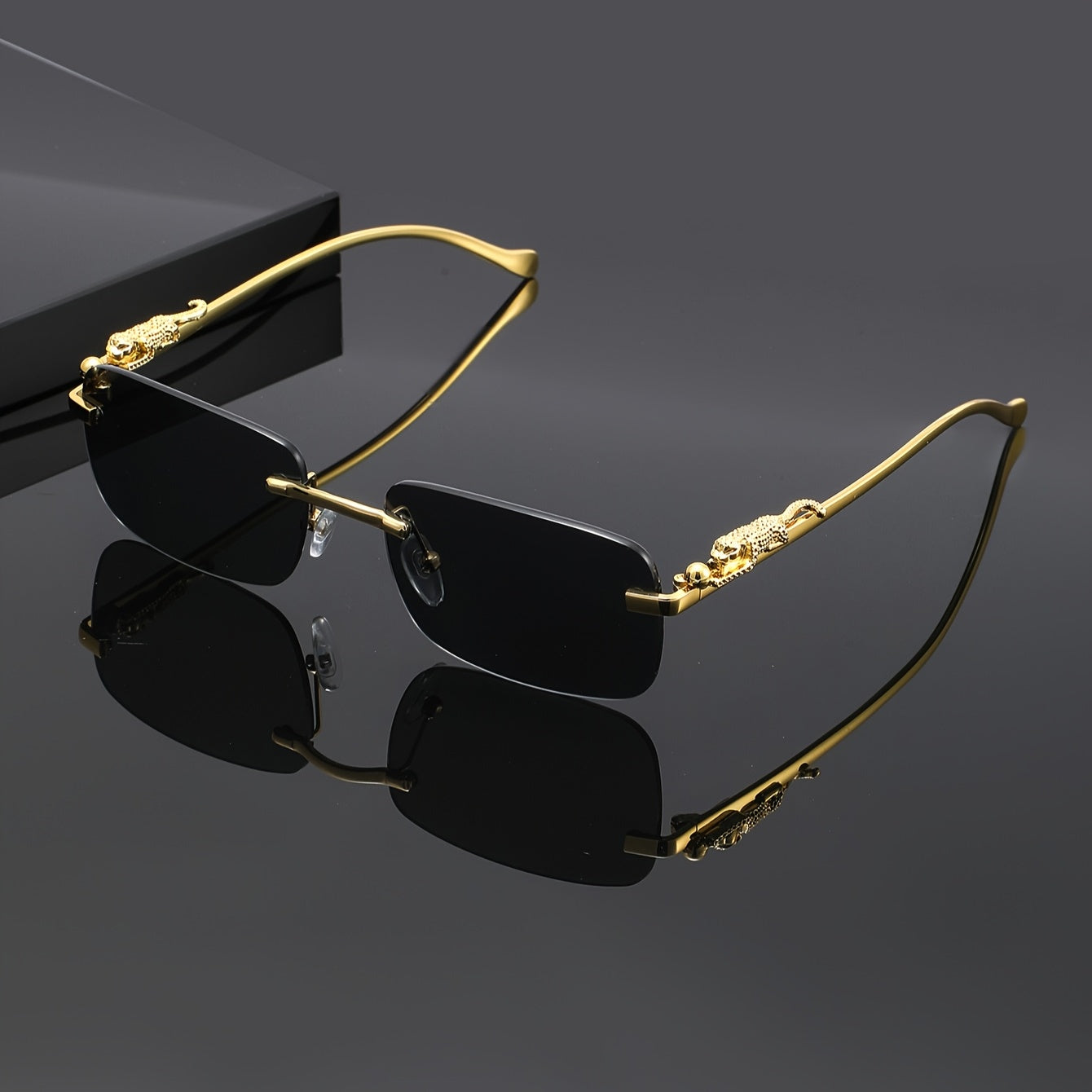 Leopard Print Sunglasses Frameless Square Gold Frame - Fashion Eyewear Unisex Men Women with Case Cleaning Cloth 3 Lens Colors