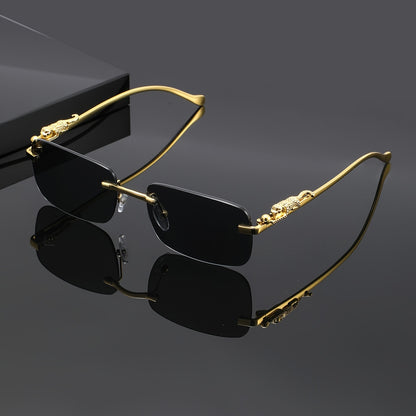 Leopard Print Sunglasses Frameless Square Gold Frame - Fashion Eyewear Unisex Men Women with Case Cleaning Cloth 3 Lens Colors