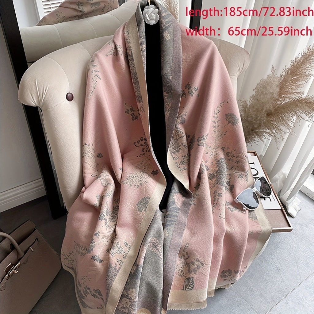 Bohemian Ethnic Style Plant Flower Imitation Cashmere Scarf for Women, Autumn And Winter Printed Warm And Thick Long Jacquard Shawl, British Retro French Cardigan, Outdoor Fashion Scarf