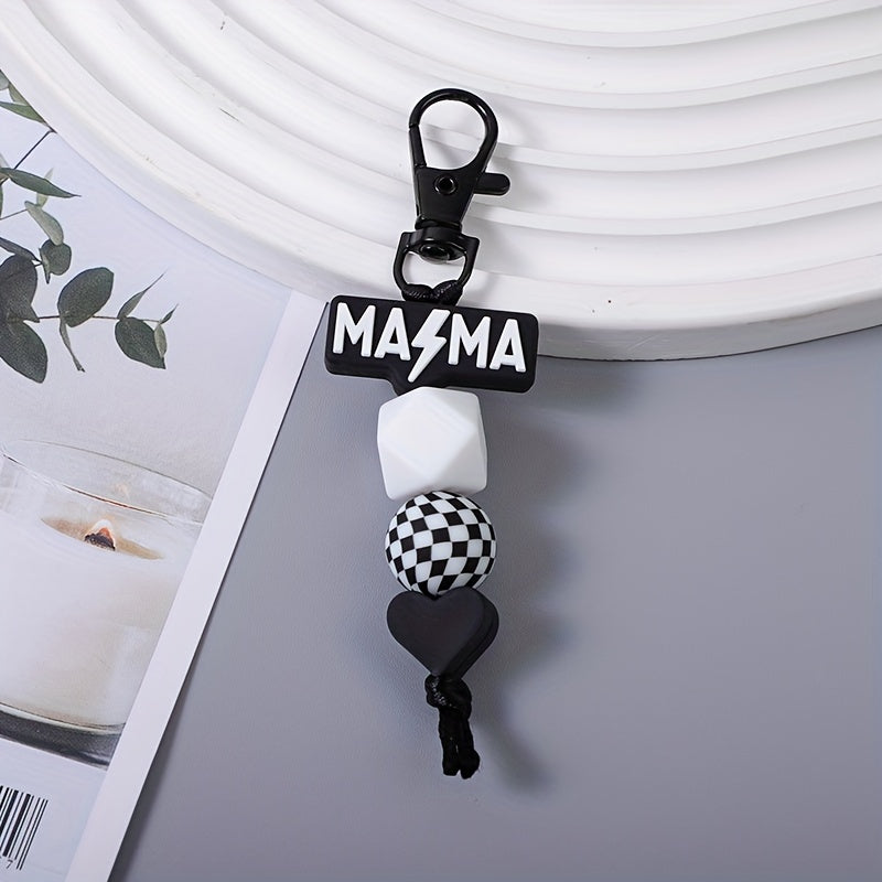 MAMA Beaded Keychain Set 2 Pcs - Handmade Checkered Bead Keyring for Women Men, Cute Car Key Pendant Bag Charm Accessory, Boho Mom Keychain Gift for Mother's Day Birthday Holiday