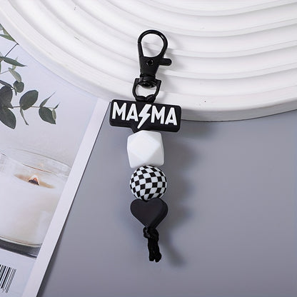 MAMA Beaded Keychain Set 2 Pcs - Handmade Checkered Bead Keyring for Women Men, Cute Car Key Pendant Bag Charm Accessory, Boho Mom Keychain Gift for Mother's Day Birthday Holiday