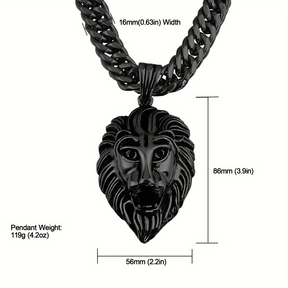 Majestic Lion Head Pendant Necklace Durable Stainless Steel Cuban Chain Fashion Black End Men'S Bold Statement Jewelry