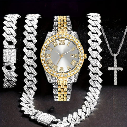 Men's Hip-Hop Rhinestone Jewelry Set 4pcs - Quartz Watch with Calendar, Cross Pendant Necklace & Bracelet, Luxury Bling Accessories for Men, Party Nightclub Wedding Gift for Him