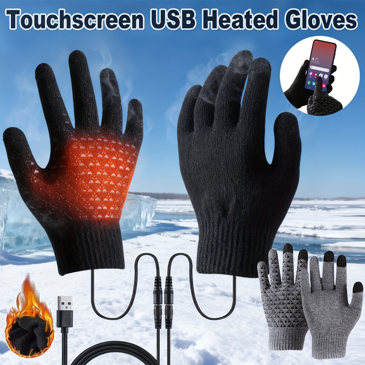 1 Pair/2 Pairs USB-Powered Heated Gloves (Continuous Plug-in Required) - Full Finger Touchscreen Gloves for Men & Women, Anti-Slip Electric Hand Warmers for Riding, Skiing, Snowboarding, Hiking, Cycling, Hunting - Christmas Gifts