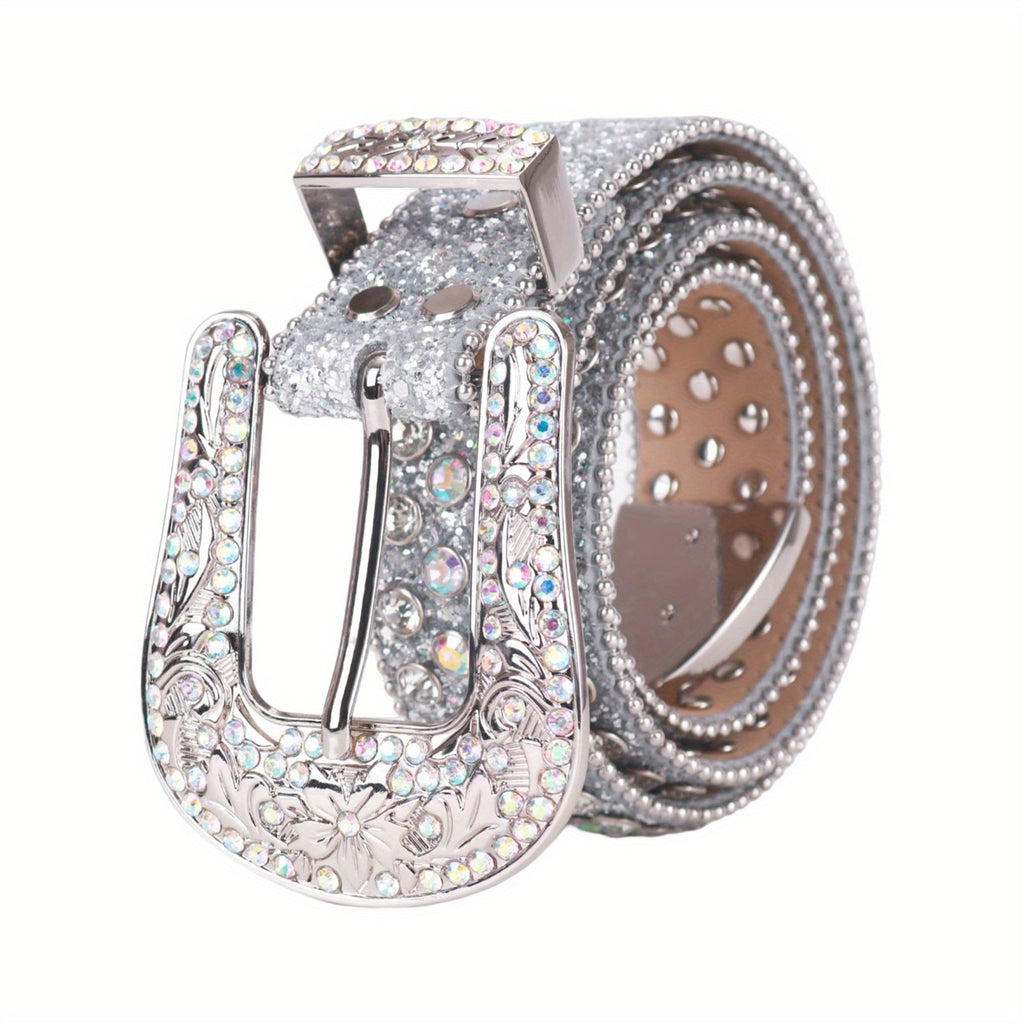 Silvery Sparkle Rhinestone Belts Women'S Luxury Bling Bling Carved Buckle Belt Punk Cowgirl Cowboy Crystal Studded Belts for Jeans