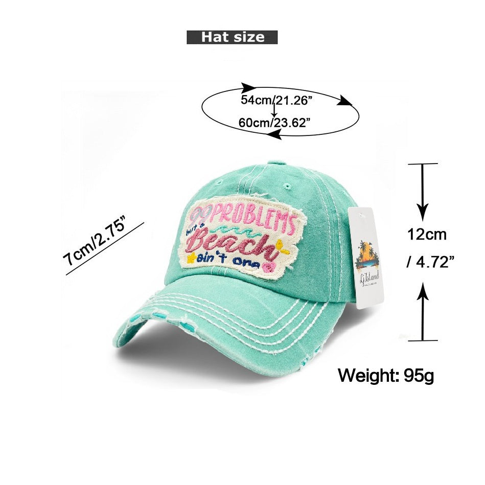 99 Problems But Beach ain't one Vintage Distressed Embroidered Baseball Cap For Women - 100% Cotton, Breathable, Casual, Adjustable, UV Protection