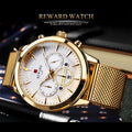 [Luminous Watch] REWARD Men's Watch, 1pc Chronograph Luminous Golden Watch | Stainless Steel Strap, Ideal Choice for Gifts