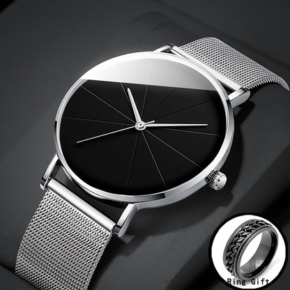 Minimalist Large Dial Watch for Men & Women - Rose Gold Case Mesh Strap Japanese Quartz Movement, Elegant Analog Zinc Alloy Unisex Dress Watch in Black Rose Gold