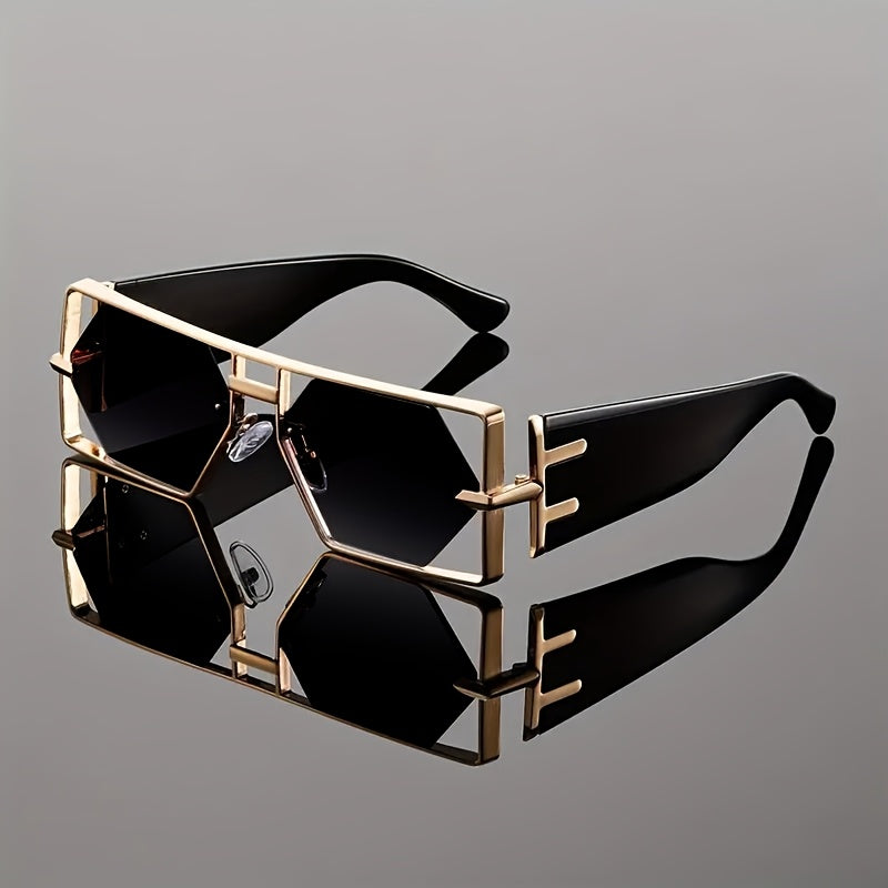 Unisex Oversized Hollow Square Sunglasses, Protection & Metal Frame, Trendy Exaggerated PC Lens Sunglasses, Beach Vacation Travel Essential, Includes Protection Case, Summer Fashion Accessories, Lightweight Durable Eyewear
