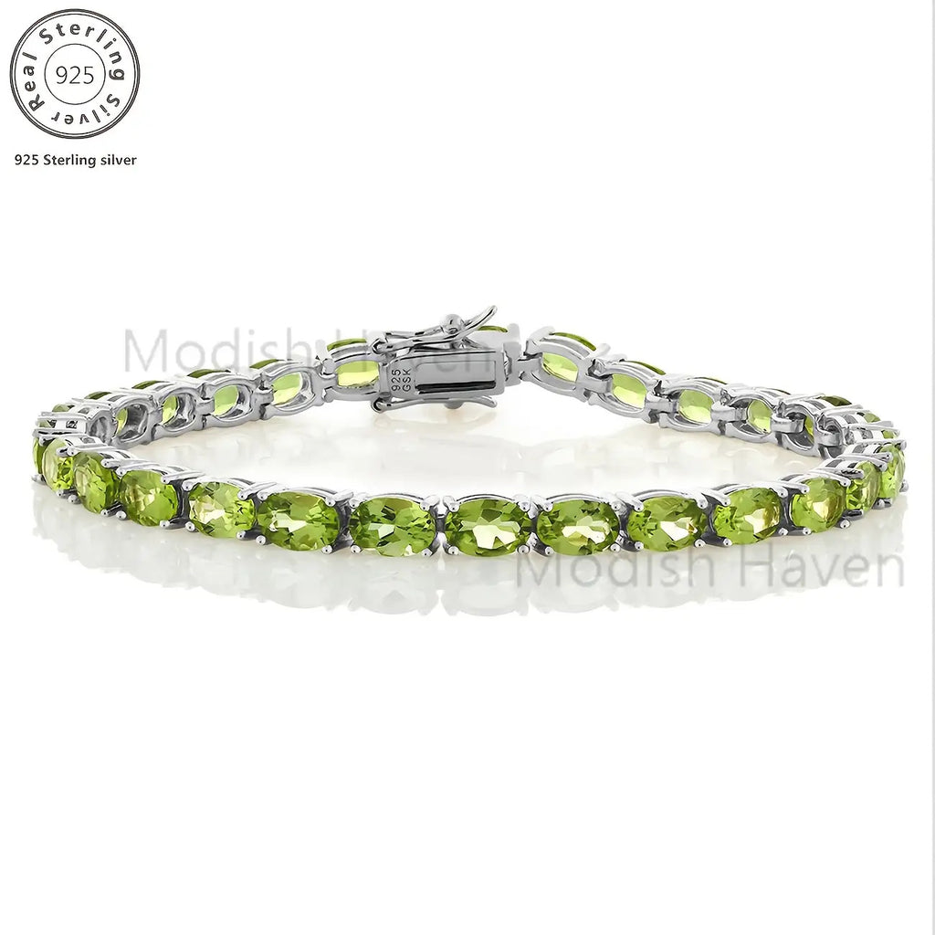Green Peridot Women's Tennis Bracelet, 925 Silver, Delicate and Elegant in Niche Colors, Women's Jewelry. Suitable for Daily Party Wear. Birthday, Mother's Day Valentine's Day Gift, Date Accessories, Party Jewelry, Total Product Weight (4.85g)