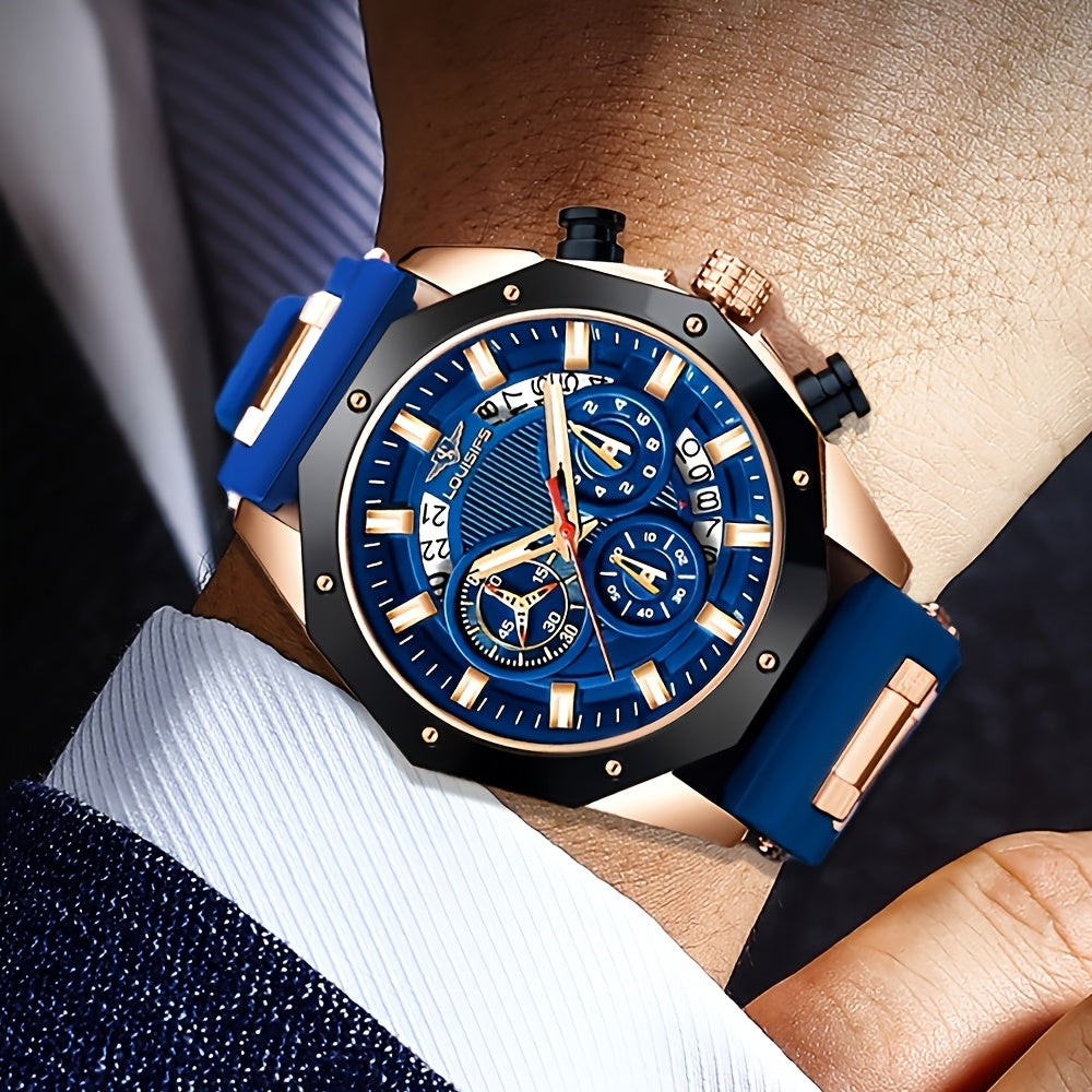 Chronograph Watch for Men - Large Dial Quartz Wristwatch with Day Date Month Display, 24H Analog, Leather Strap & Gold Buckle, Multi-Function Business Sport Dress Watch in Blue Silver Gold