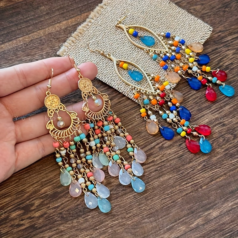 6-Pair Bohemian Tassel Earrings Set - Vintage Beaded Dangle Earrings with Teardrop & Round Beads, Multicolor Boho Statement Jewelry for Women, Lightweight Alloy Hoops for Parties, Vacations, Casual Attire - All-Season Ethnic Dangle Earrings (Turquoi