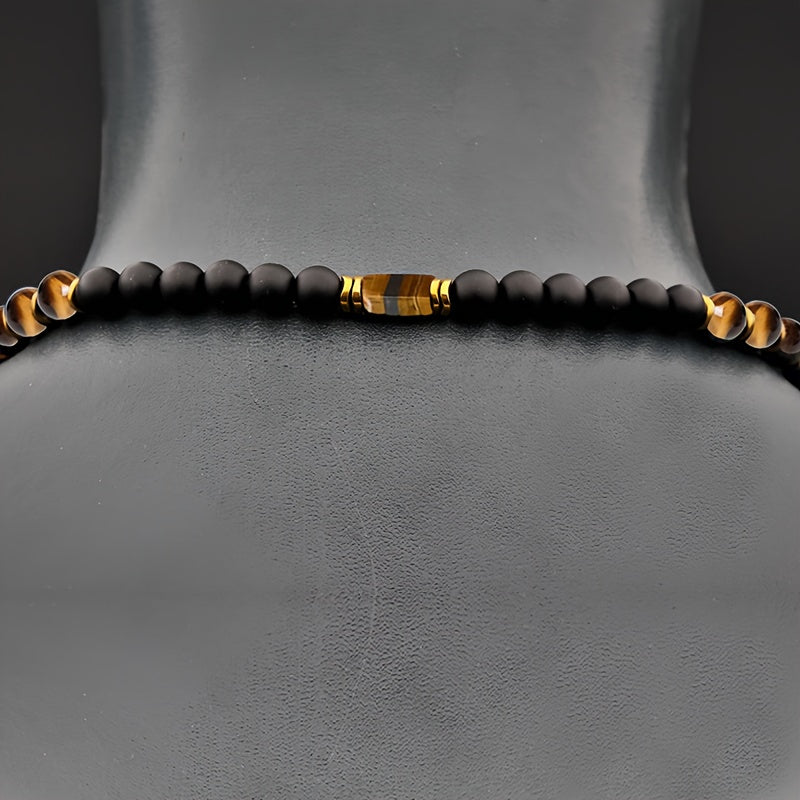Stylish 8Mm Natural Stone Tiger Eye Pendant Necklace for Men - Adjustable Long Chain with Black Agate Beads - A Distinctive Christmas Gift Idea Featuring a Creative Natural Stone Necklace