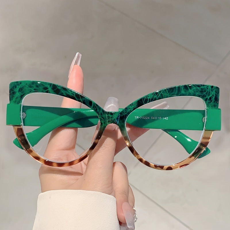 Leopard Print Cat Eye Glasses Women Oversized Color Block Gradient Frame Fashion Eyewear Cute Decoration Glasses Daily Wear Parties Cruise Summer Must-Have Green Purple