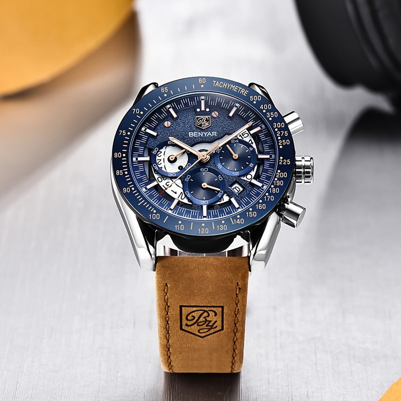BENYAR Watch Men Luminous Chronograph Analog Quartz Big Face Business Sport Casual Fashion Dress Wristwatch Elegant Gift for Men Golden Silver Blue Black