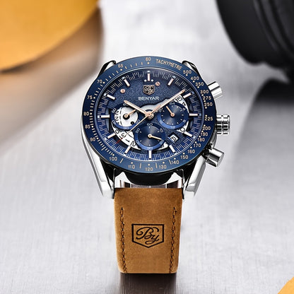 BENYAR Watch Men Luminous Chronograph Analog Quartz Big Face Business Sport Casual Fashion Dress Wristwatch Elegant Gift for Men Golden Silver Blue Black