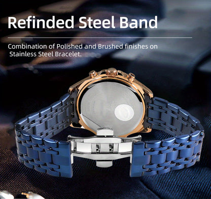 Men's Chronograph Sport Watch | Stainless Steel Quartz Wristwatch with Luminous Display, Premium Business Dress Watch for Men in Silver, Blue, Rose Gold & Black