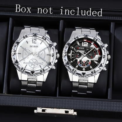 Vintage Stainless Steel Watch Set for Men 2pcs Quartz World Time Round Dial Battery Powered Gift for Boyfriend Halloween Christmas Thanksgiving Valentine
