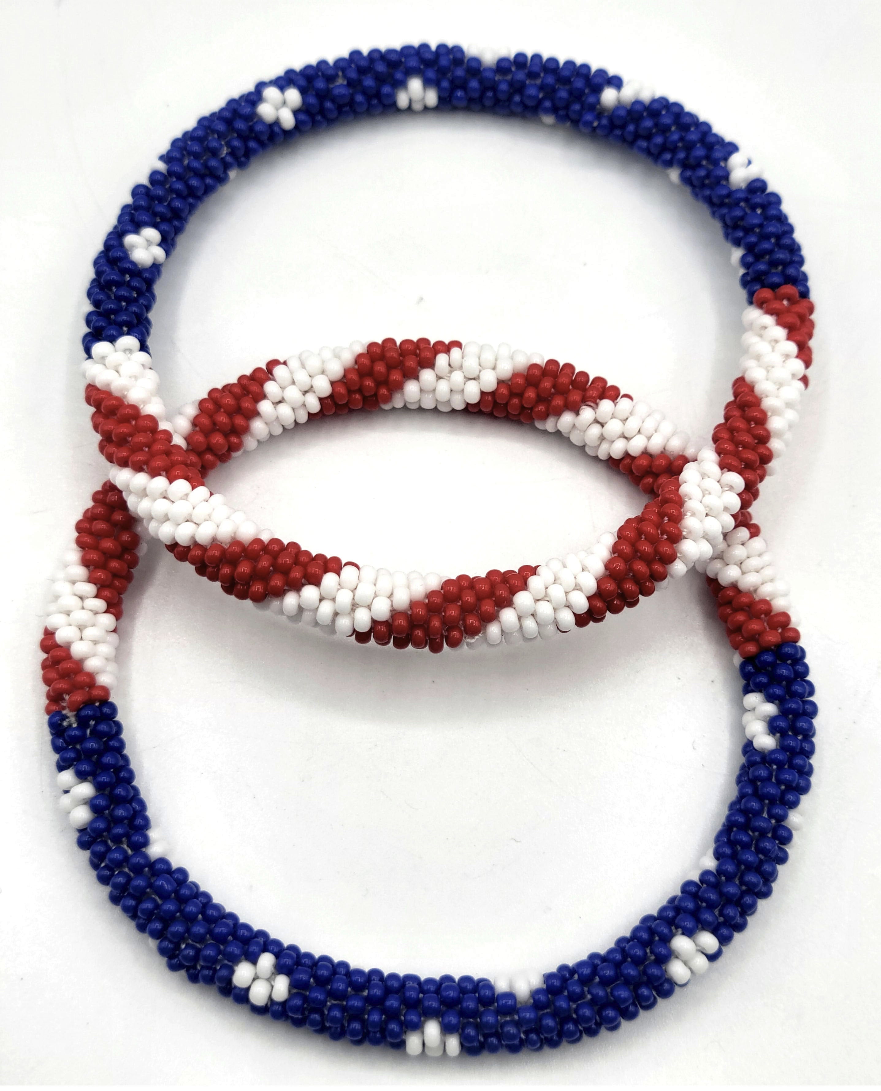 Set of 2 Handmade USA Flag Patriotic Color Design Bracelet Jewelry From Nepal – Glass Beaded Roll-On Crochet Bracelets for Men & Women, Boho Hippie Style, Artisan-Roll-On Bangles, Great Gift for USA Lovers Vacation Style Nepal Artisanship, Patriotic Wrist