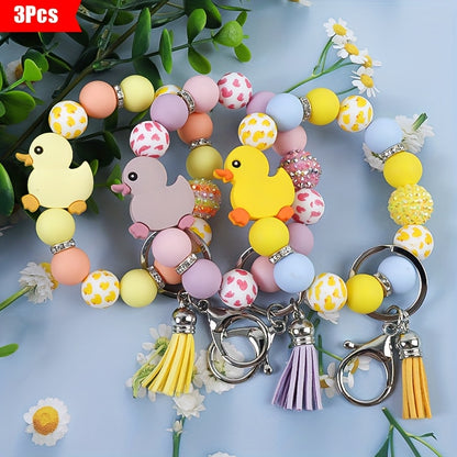 Duck Keychain Set 3 Pack | Cute Cartoon Duck Bead Key Ring, Kawaii Animal Charm Pendant – Fun Holiday Gift for Women, Girls, Kids & Duck Lovers