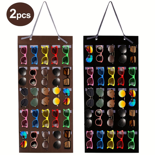 2pcs Wall-Mounted Glasses Organizer with 25 Felt Slots & Dust-Proof Eyewear Storage Bags - Space-Saving Hanging Eyeglass Case Holder for Home/Office, No Power Required, Scratch-Resistant Multi-Functional Organizer for Fashion Glasses