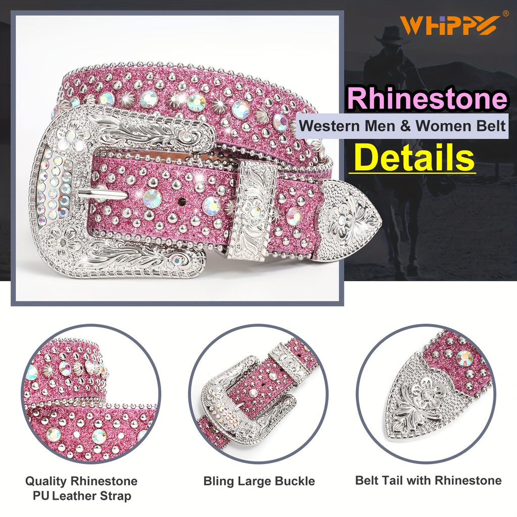 WHIPPY 1pc Men'S Rhinestone Faux Leather Belt, Western Faux Crocodile Grain Faux Leather Strap Belts for Cowboy Jeans Pants Halloween Gift
