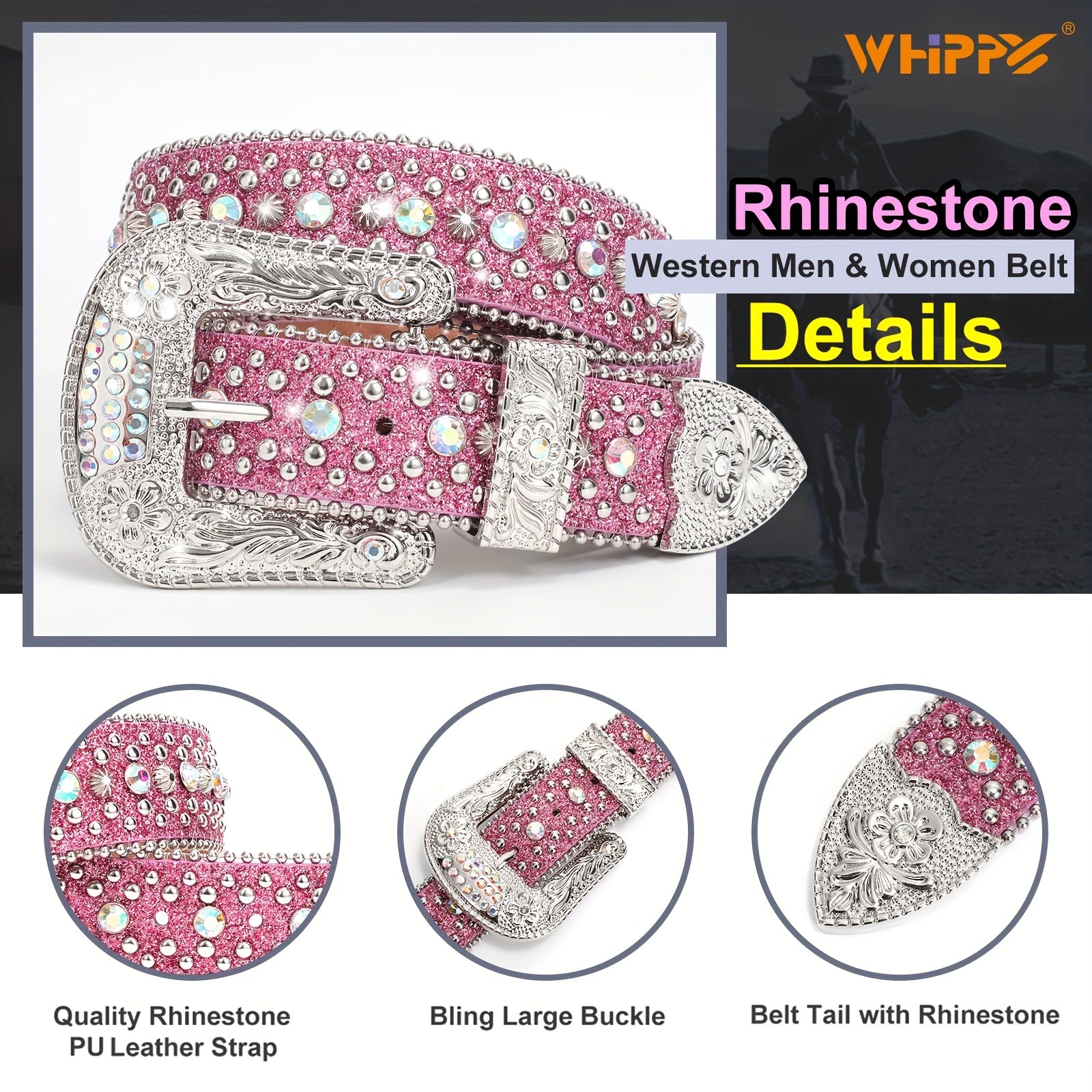 WHIPPY 1pc Men'S Rhinestone Faux Leather Belt, Western Faux Crocodile Grain Faux Leather Strap Belts for Cowboy Jeans Pants Halloween Gift